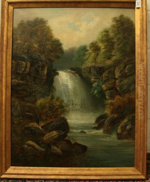 Figures Fishing Beside Waterfalls Oil Painting by Joseph W.Yarnold