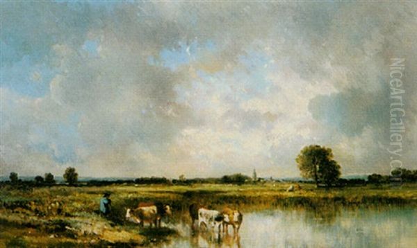 A Cowherd Watering His Flock Oil Painting by Leon Victor Dupre