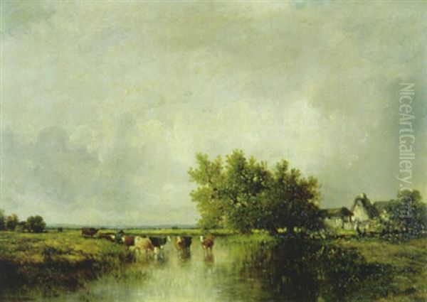 Weite Landschaft Mit Kuhen Am Wasser Oil Painting by Leon Victor Dupre