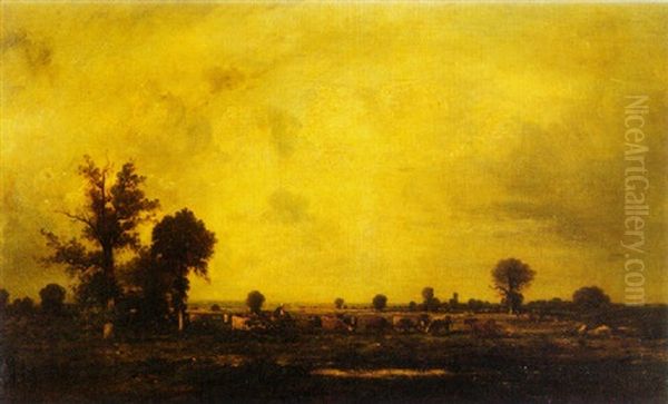 Cows Grazing In An Open Field Oil Painting by Leon Victor Dupre