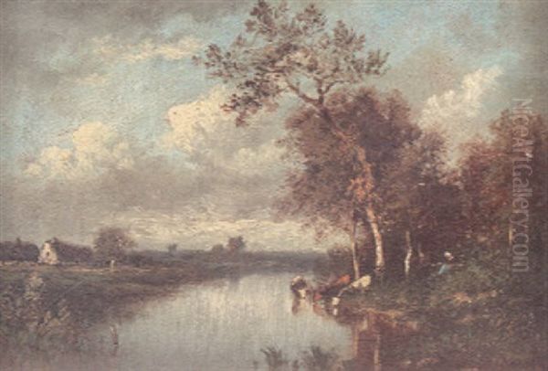 A View Of A Lake With Cattle Watering In The Foreground Oil Painting by Leon Victor Dupre