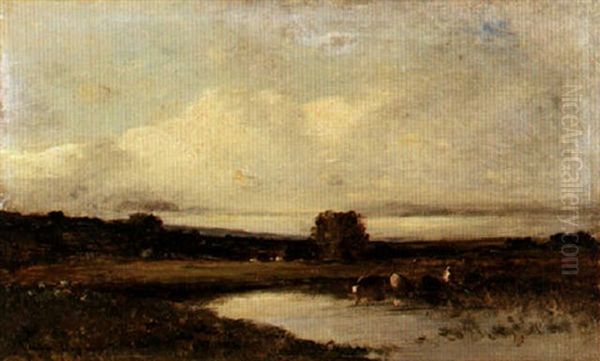 Cows And Peasants By A River by Leon Victor Dupre