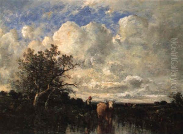 Hirtin Mit Kuhen Im Moorlandschaft Oil Painting by Leon Victor Dupre