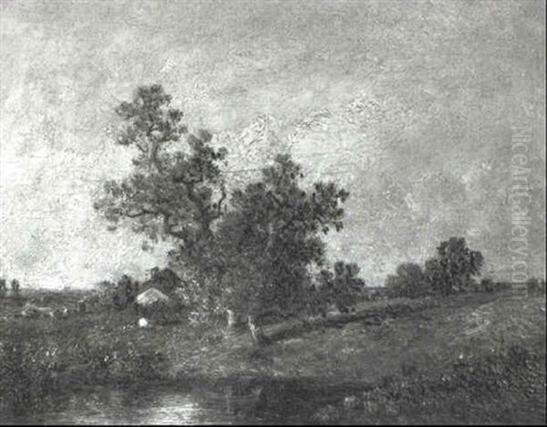 Landscape With Trees Beside A Pond Oil Painting by Leon Victor Dupre