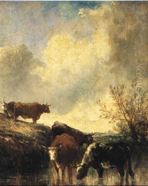 Cattle Watering In A Meadow Oil Painting by Leon Victor Dupre