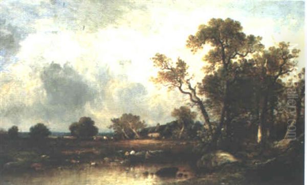 A Wooded River Landscape With Anglers On A Bank Oil Painting by Leon Victor Dupre