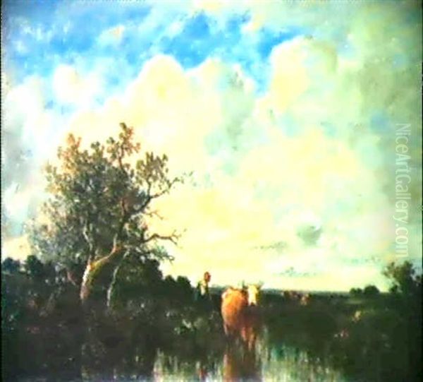 Hirtin Mit Kuhen In Moorlandschaft Oil Painting by Leon Victor Dupre