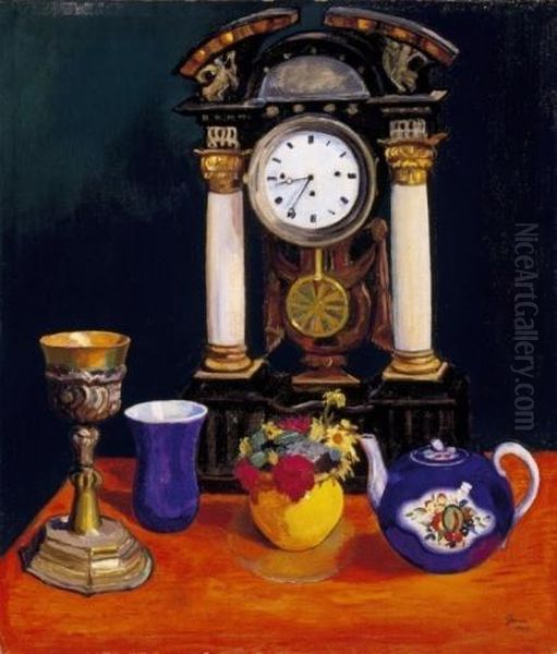 Still Life With A Blue Glass, A Teapot And A Yellow Vase by Karl Arnold