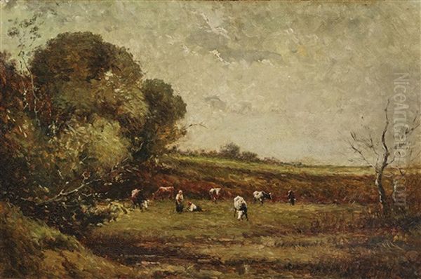 Pasture Landscape With Shepherds And Cows Oil Painting by Jules Dupre