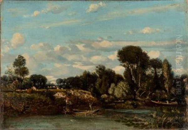 Pecheur Sur La Riviere Oil Painting by Jules Dupre