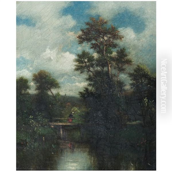 Landscape With Figure On Bridge Oil Painting by Jules Dupre