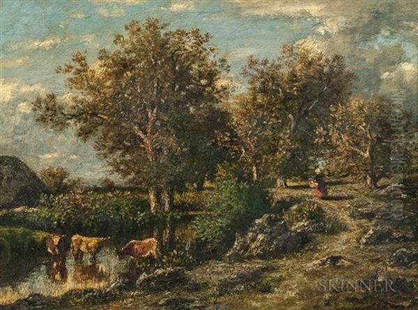 River Landscape With Cattle Oil Painting by Jules Dupre