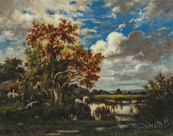 Early Autumn Landscape With Cows Watering Oil Painting by Jules Dupre