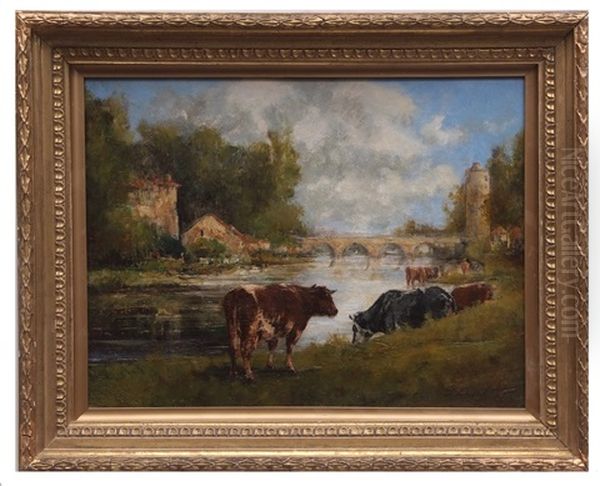 Cows On A Riverbank With Bridge To Distance Oil Painting by Jules Dupre