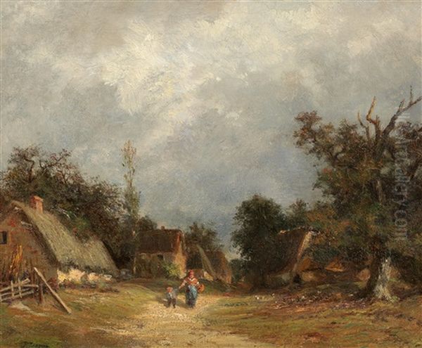 Village Road With Decorative Figures Oil Painting by Jules Dupre