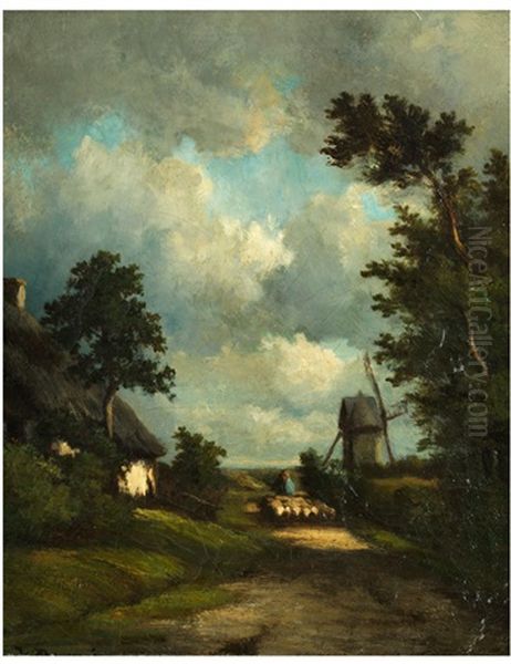 Landschaft Mit Strohgedeckter Kate Oil Painting by Jules Dupre