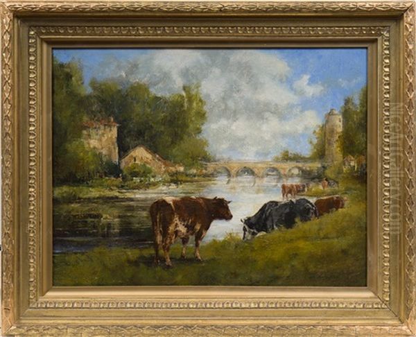 Cows On A Riverbank Oil Painting by Jules Dupre