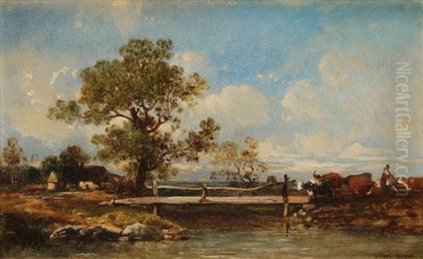 Berger Et Vaches Au Bord De La Riviere, 1873 Oil Painting by Jules Dupre