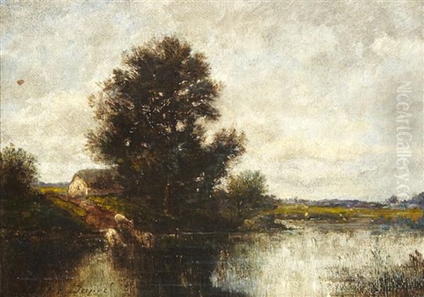 A Landscape With Cows Drinking From A Pond Oil Painting by Jules Dupre