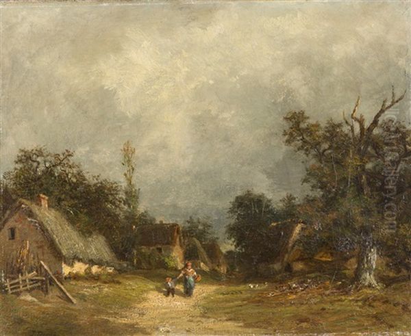 Dorfstrasse Mit Bauerin Und Kind Und Blick Auf Strohgedeckte Bauernhauser Oil Painting by Jules Dupre