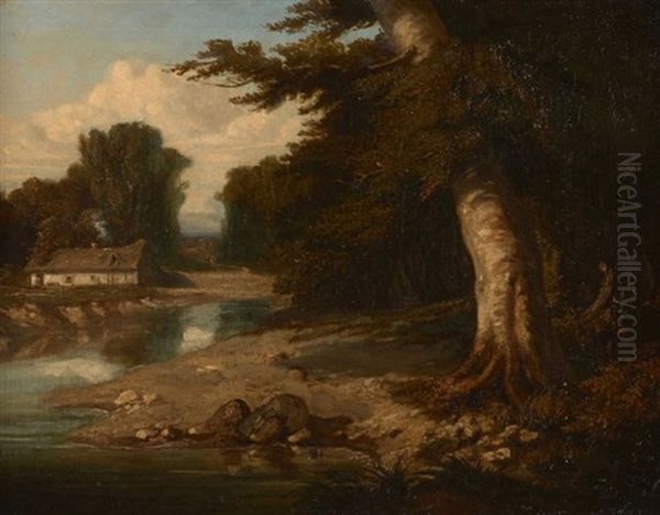 Chaumiere Au Bord D'un Ruisseau En Lisiere De Foret Oil Painting by Jules Dupre