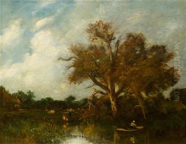 River Landscape With Boat Oil Painting by Jules Dupre