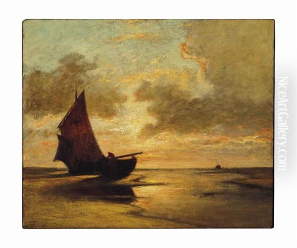 Sailing Boats At Low Tide Oil Painting by Jules Dupre