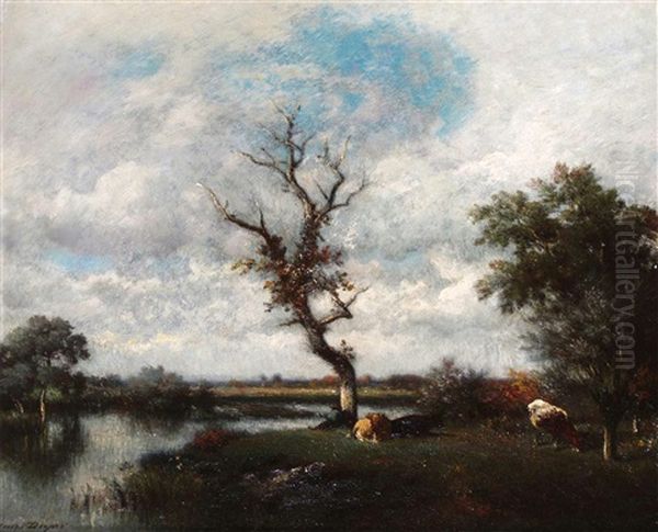 Cattle In A River Landscape Oil Painting by Jules Dupre