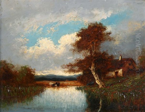 Weiher Mit Bauernhaus Und Baumen Oil Painting by Jules Dupre