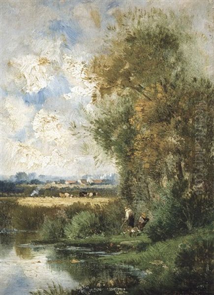 Paysage Estival Avec Pecheurs Oil Painting by Jules Dupre