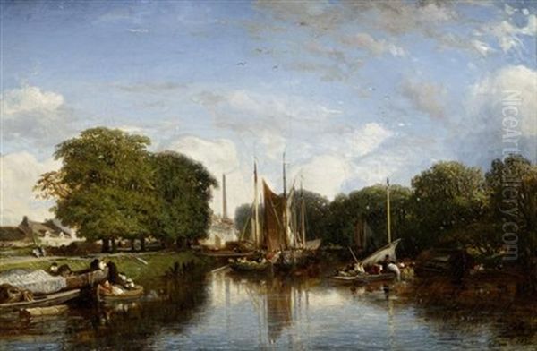 Bords De Riviere, Bateaux Oil Painting by Jules Dupre