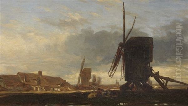 Hameau Aux Moulins A Vent Oil Painting by Jules Dupre