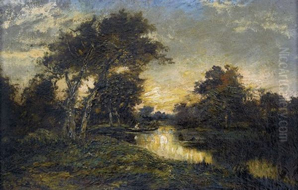 Flusslandschaft In Der Abenddammerung Mit Fischer Oil Painting by Jules Dupre