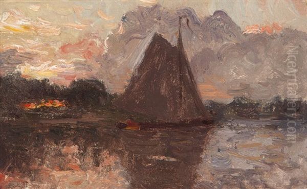 Sailboats At Dusk Oil Painting by Jules Dupre