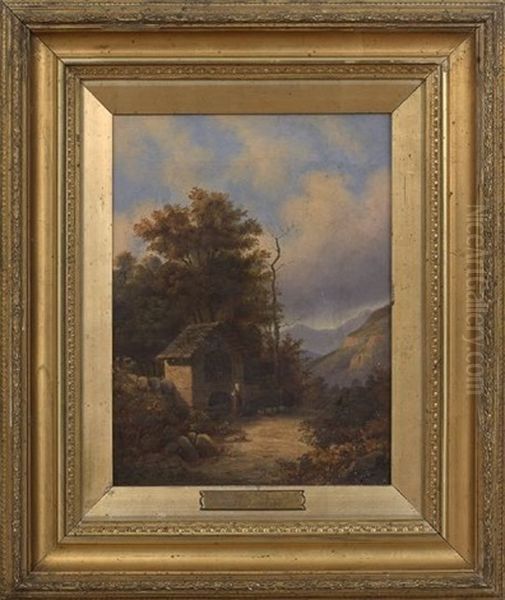 Landscape With A Figure Standing In Front Of A Shrine Oil Painting by Jules Dupre