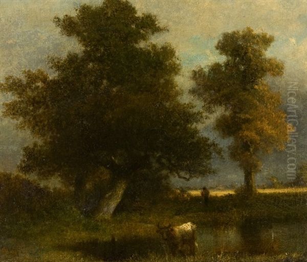 Tumpellandschaft Mit Bauer Und Kuh Oil Painting by Jules Dupre