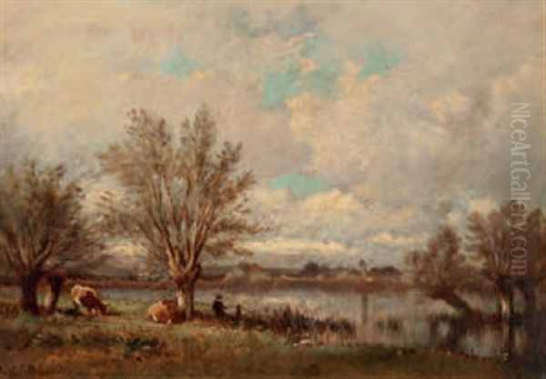 Tumpellandschaft Mit Fischer Und Kuhen Oil Painting by Jules Dupre