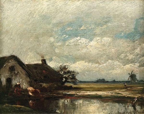 De Twee Hutten (by The Farm) Oil Painting by Jules Dupre