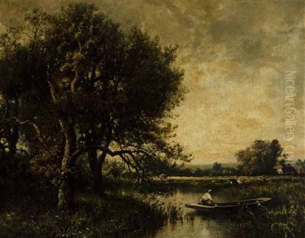 A Figure Punting Along The Riverbank Oil Painting by Jules Dupre