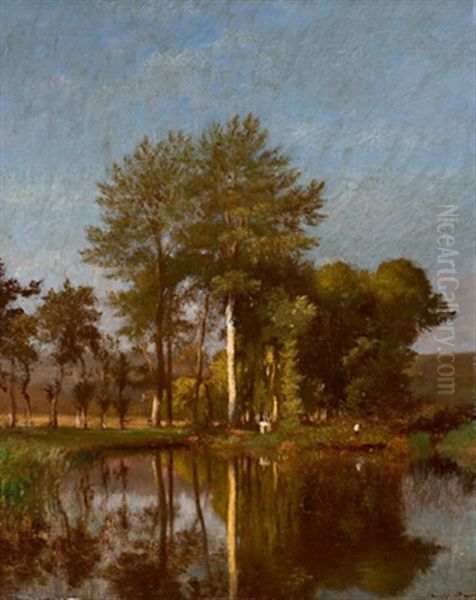 Baume, Im Teich Spiegelnd Oil Painting by Jules Dupre