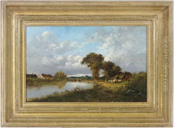 Farmhouses Along A River by Jules Dupre