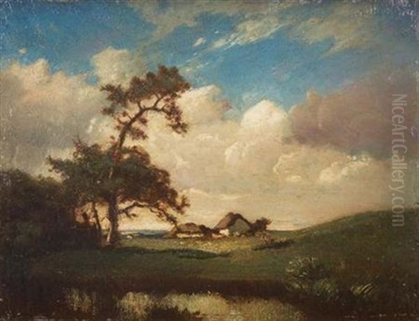 Houses In A Clearing Oil Painting by Jules Dupre