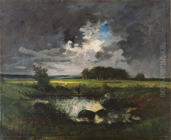 Gewitterstimmung Uber Einer Bewaldeten Ebene Mit Teich Oil Painting by Jules Dupre