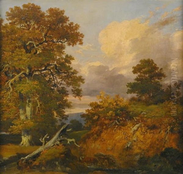 Blick In Waldlandschaft. Ein Bauer Fuhrt Sein Fuhrwerk Durch Einen Bach Oil Painting by Jules Dupre