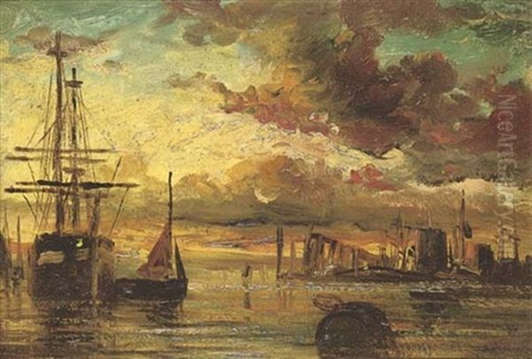 Boats In A Port Oil Painting by Jules Dupre