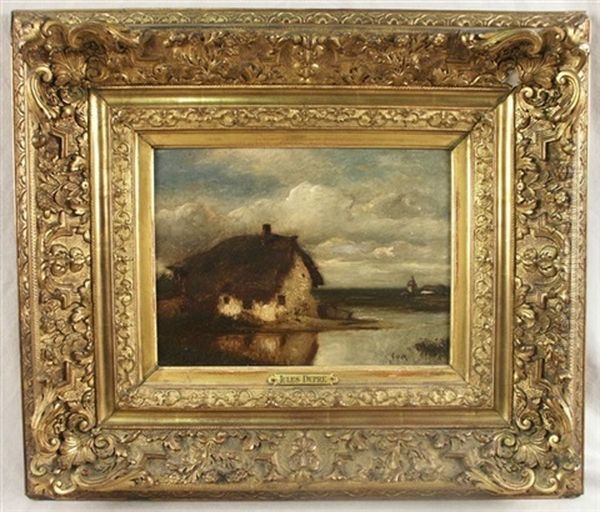 Thatched Cottage By Water Oil Painting by Jules Dupre