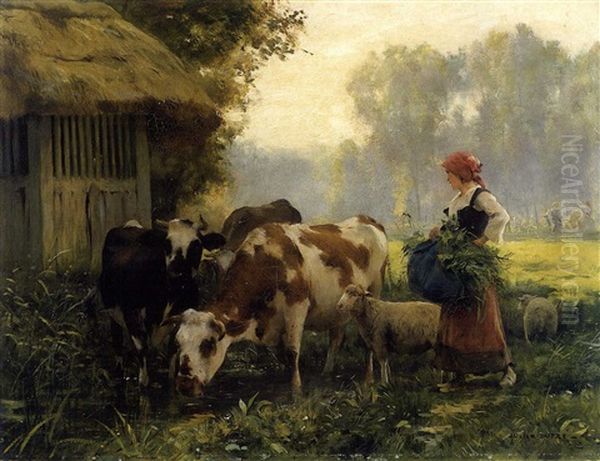 Shepherdess With Cows And Sheep In The Shade Of Midday Oil Painting by Jules Dupre