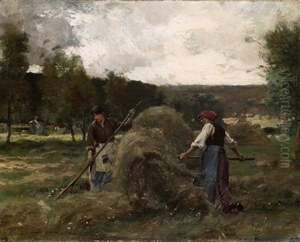 Haymaking Oil Painting by Jules Dupre