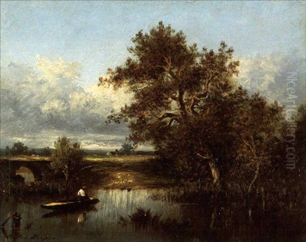 A River Landscape With A Figure In A Boat Oil Painting by Jules Dupre