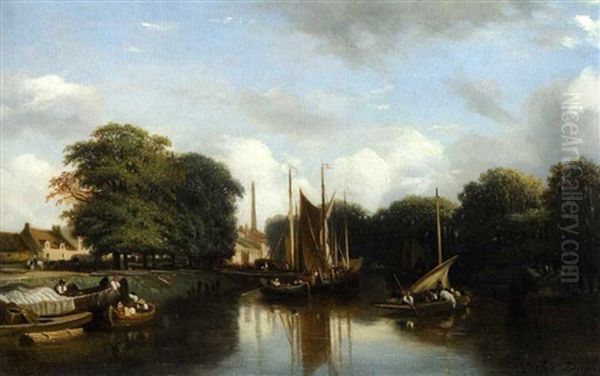 Bord De Riviere Aux Bateaux Oil Painting by Jules Dupre